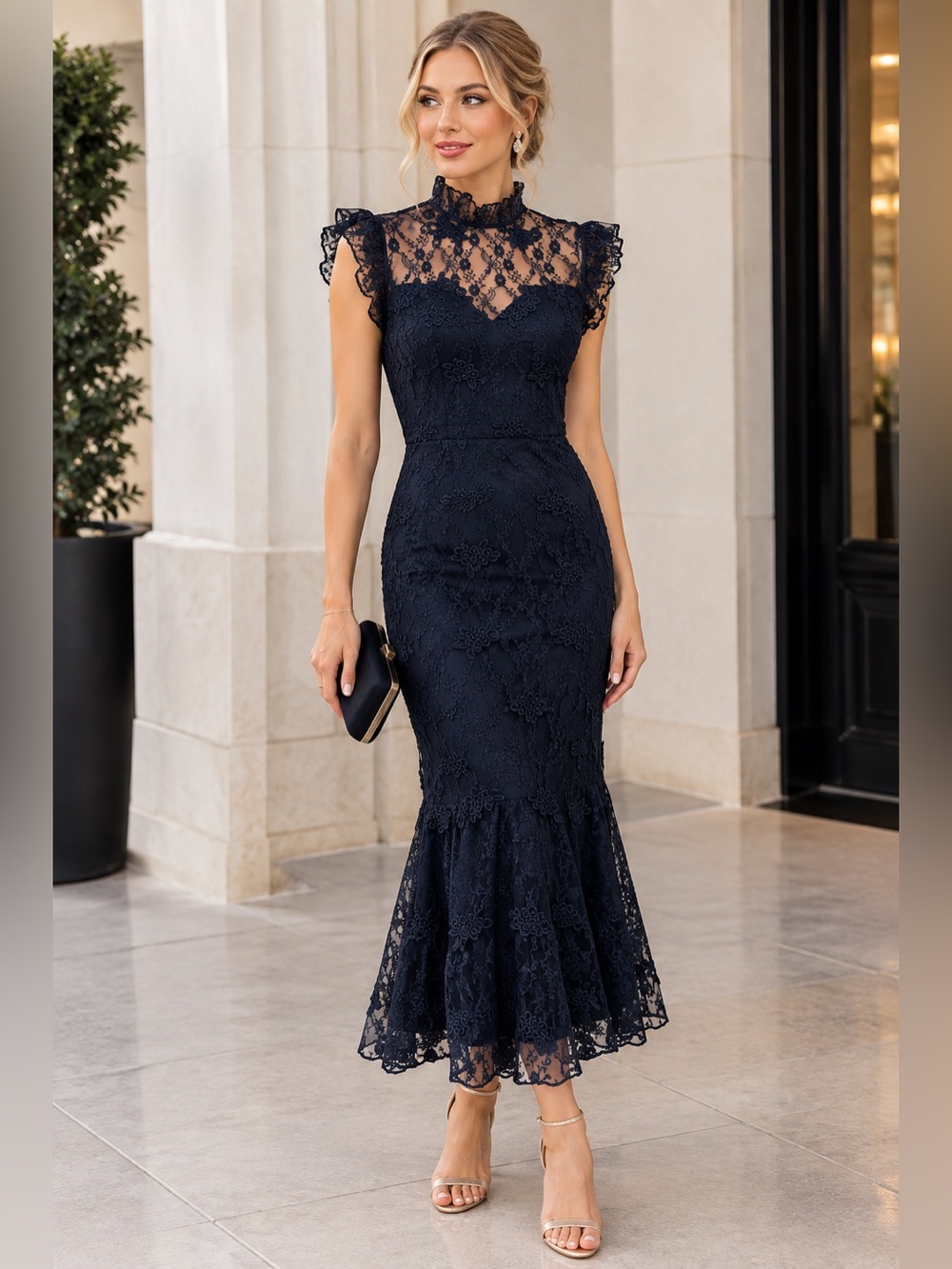 Chelsea & Violet women’s elegant Navy Lace Midi Dress with High Neck size 2